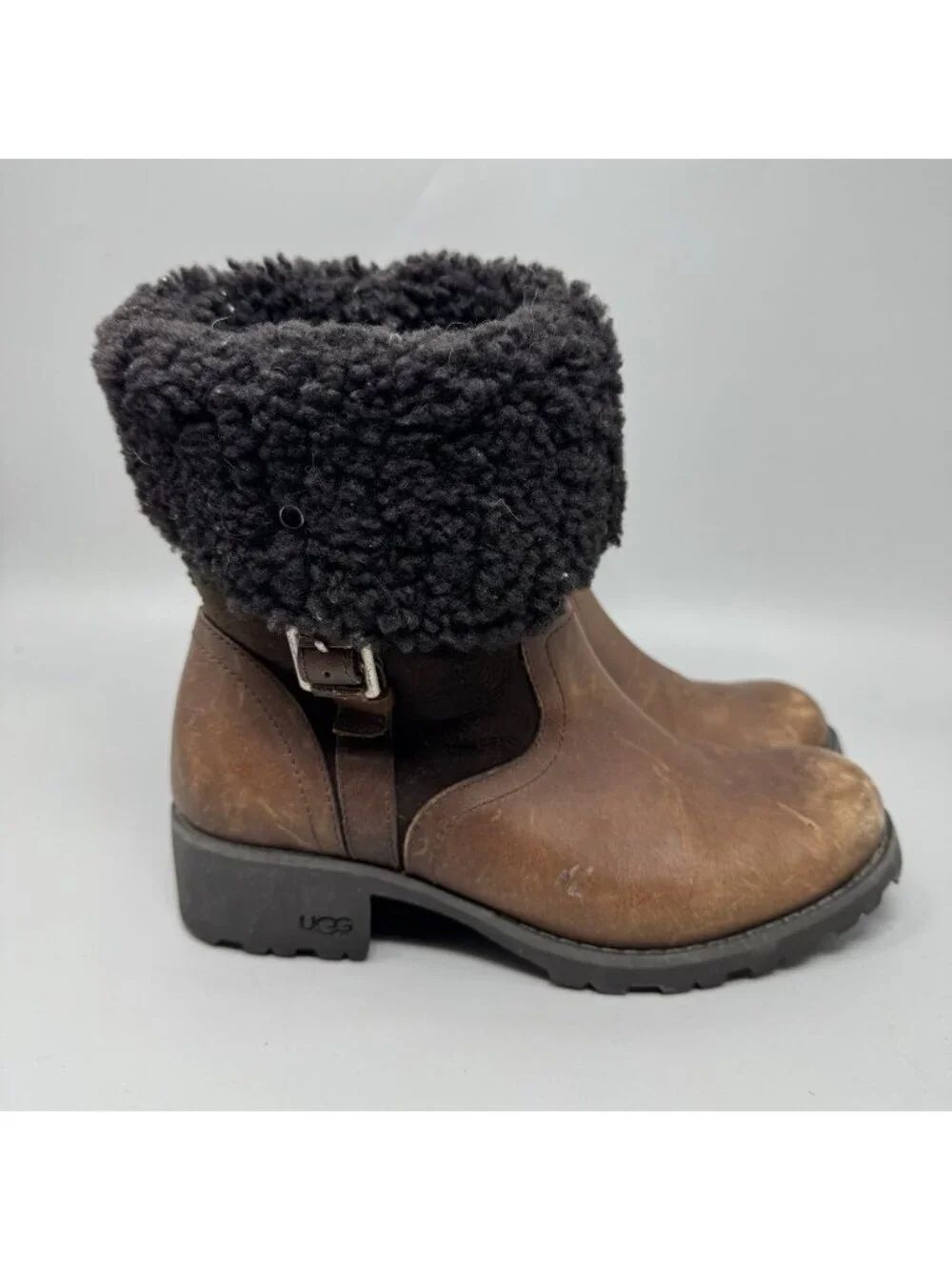 UGG Bellevue Snow Boots Brown Leather Sheepskin Lined Foldover 1914 Women Sz 7